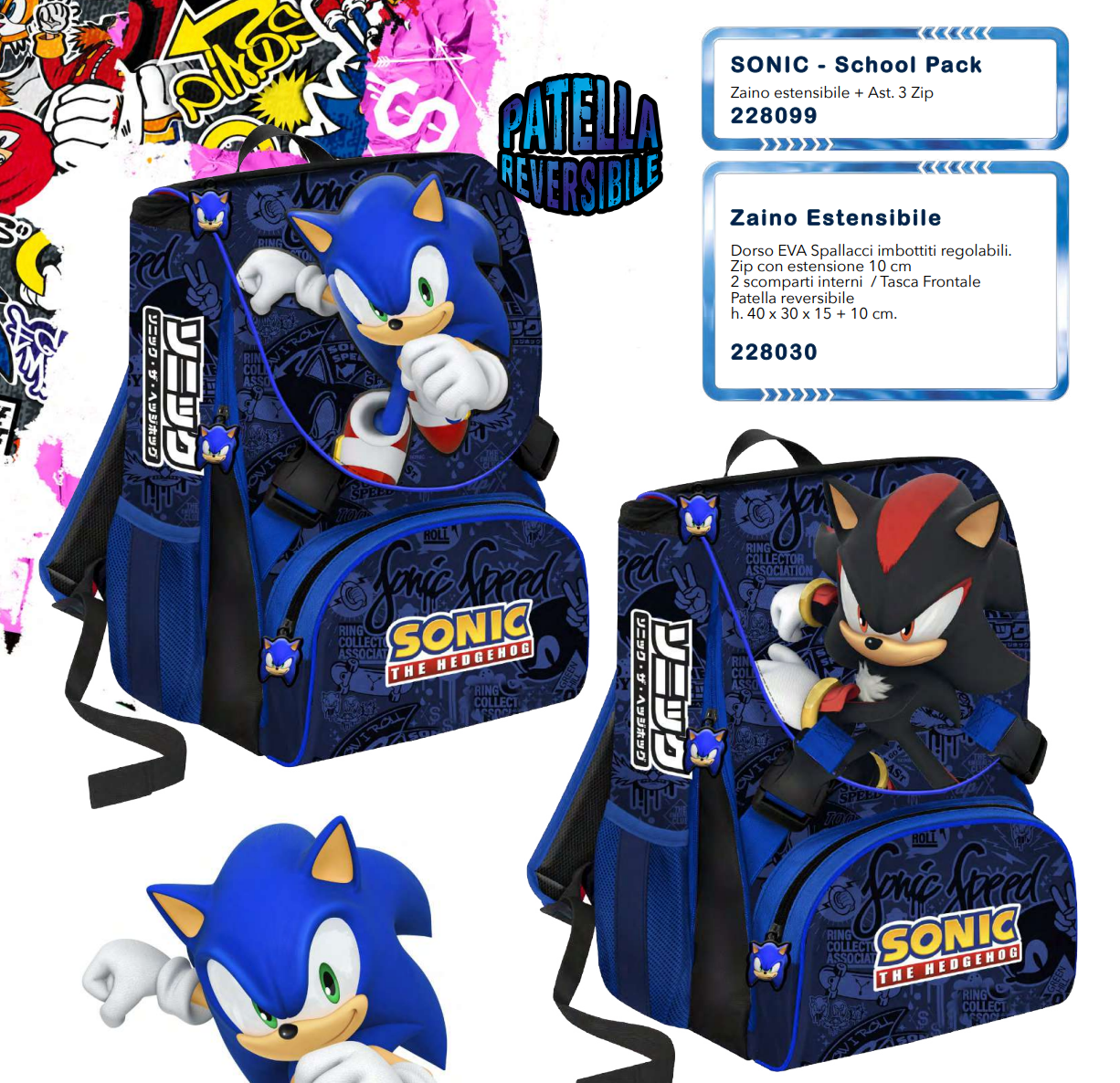 Sonic Zaino Scuola Estensibile School Pack Con Astuccio 3 Zip